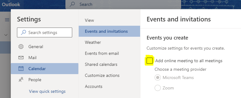 Change Setting For Microsoft Teams To Be Set Up With Every Event 